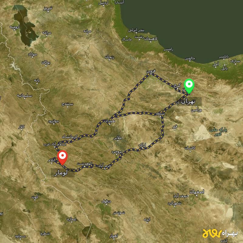 مسافت و فاصله لومار - ایلام تا تهران از ۳ مسیر - آذر ۱۴۰۳
