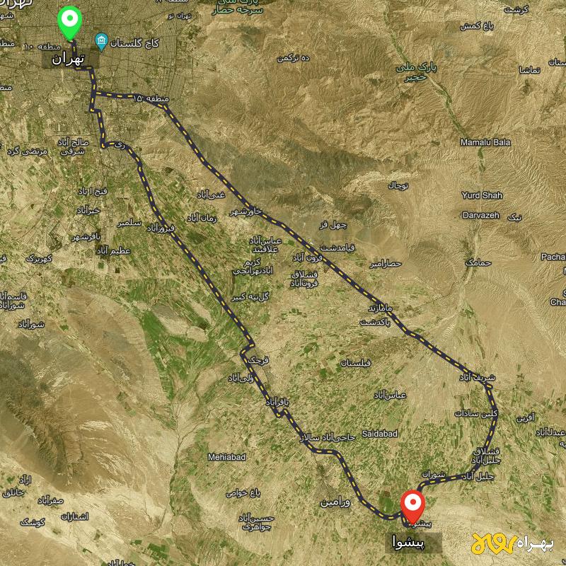 مسافت و فاصله پیشوا - تهران تا تهران از 2 مسیر - مسیریاب بهراه