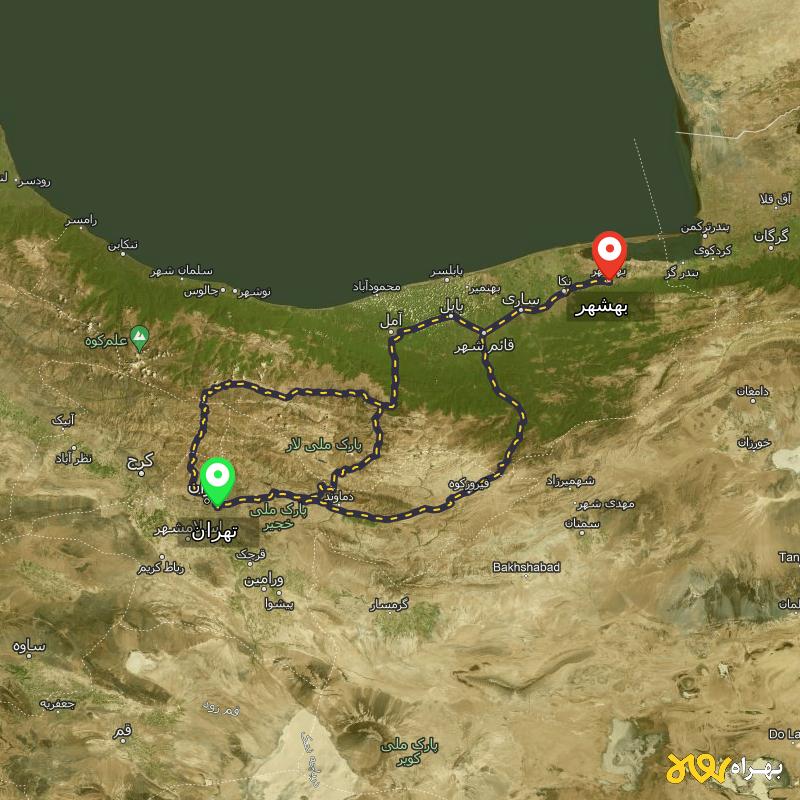 مسافت و فاصله بهشهر - مازندران تا تهران از 3 مسیر - مسیریاب بهراه
