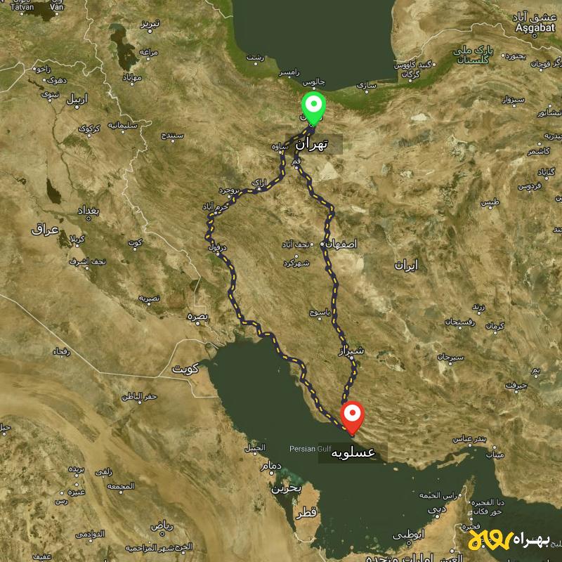 مسافت و فاصله عسلویه - بوشهر تا تهران از 2 مسیر - مسیریاب بهراه