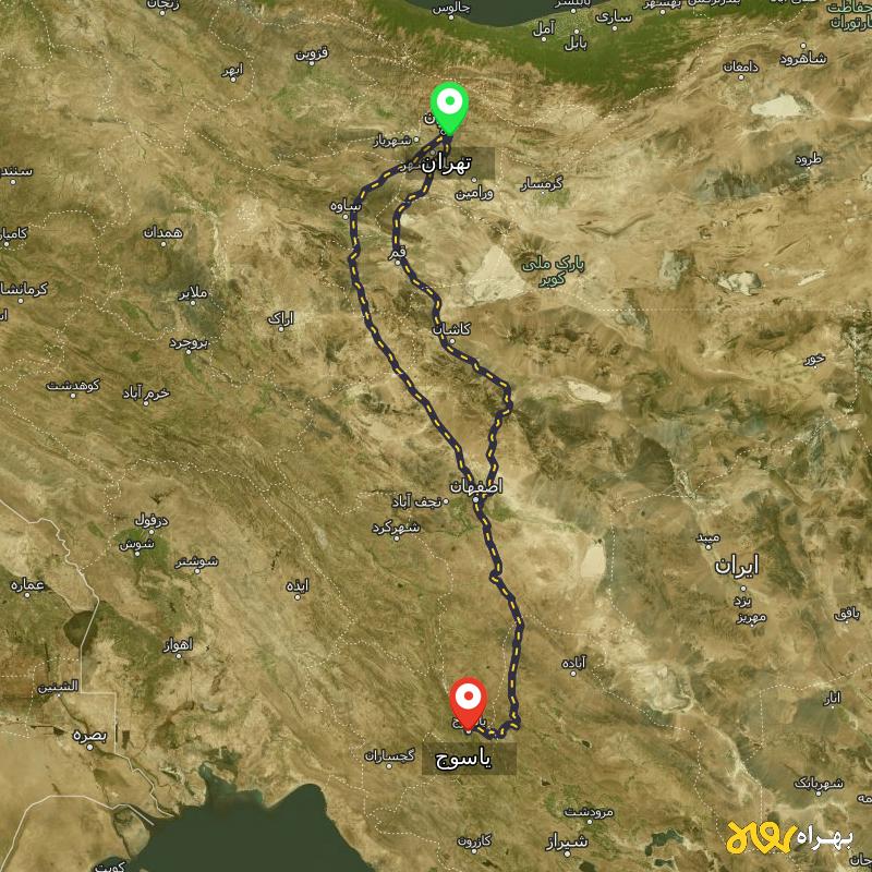 مسافت و فاصله یاسوج تا تهران از 2 مسیر - مسیریاب بهراه