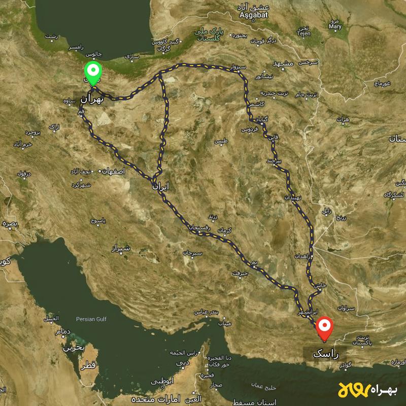 مسافت و فاصله راسک - سیستان و بلوچستان تا تهران از ۳ مسیر - اردیبهشت ۱۴۰۳