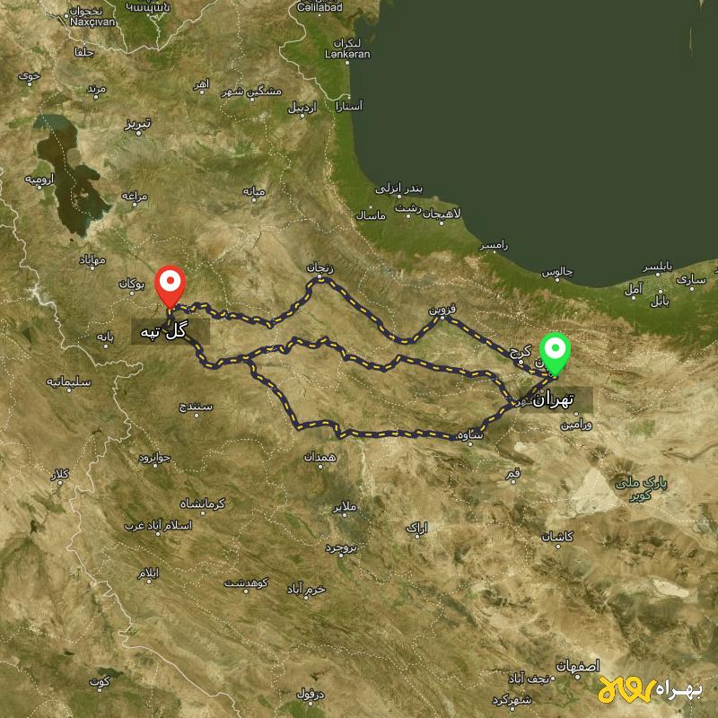 مسافت و فاصله گل تپه - کردستان تا تهران از ۳ مسیر - مرداد ۱۴۰۳