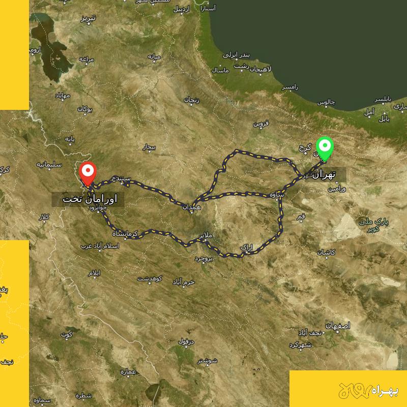 مسافت و فاصله اورامان تخت - کردستان تا تهران از ۳ مسیر - آذر ۱۴۰۳