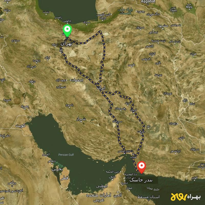 مسافت و فاصله بندر جاسک - هرمزگان تا تهران از 3 مسیر - مسیریاب بهراه