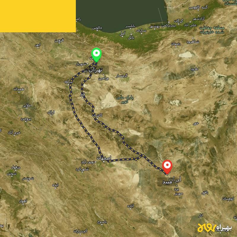 مسافت و فاصله میبد - یزد تا تهران از 2 مسیر - مسیریاب بهراه