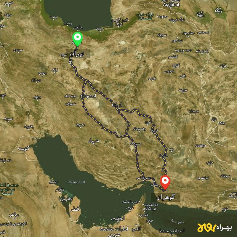 مسافت و فاصله گوهران - هرمزگان تا تهران از ۳ مسیر - مرداد ۱۴۰۳