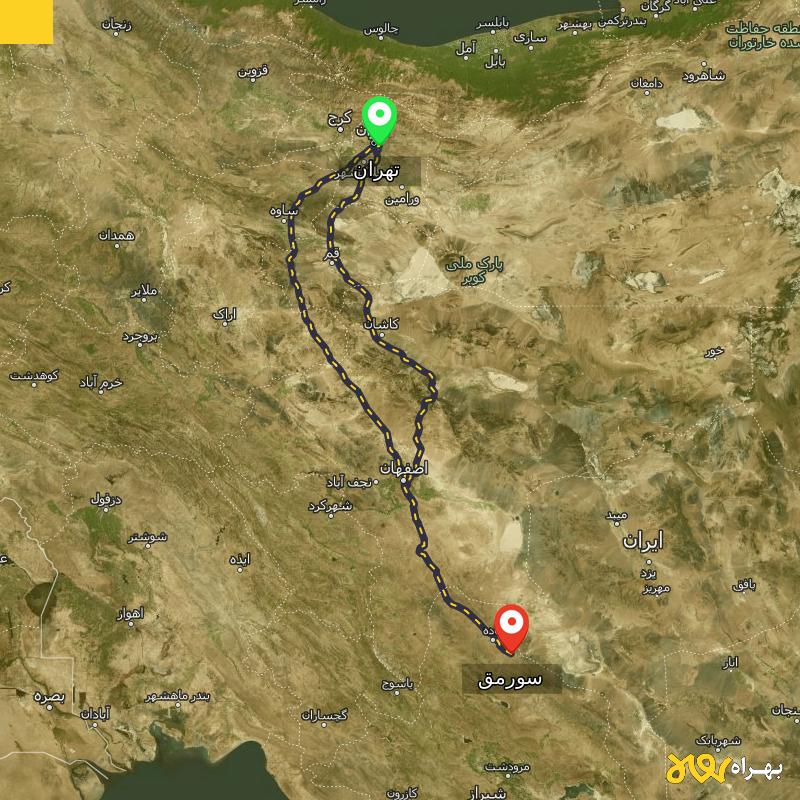 مسافت و فاصله سورمق - فارس تا تهران از ۲ مسیر - مرداد ۱۴۰۳