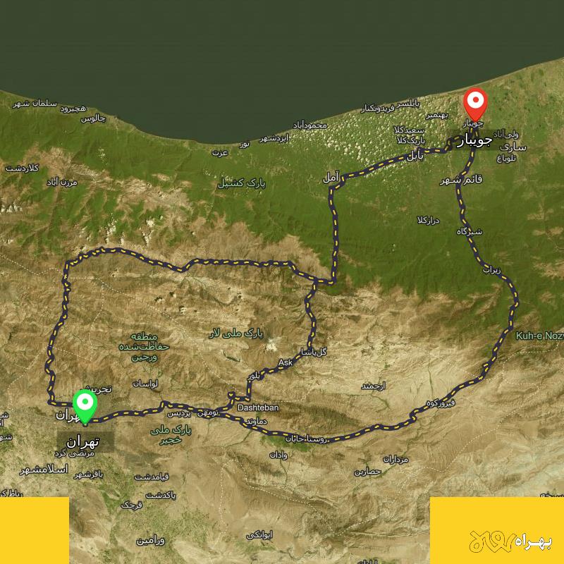 مسافت و فاصله جویبار - مازندران تا تهران از ۳ مسیر - اردیبهشت ۱۴۰۳