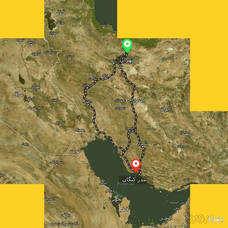 مسافت و فاصله بندر کنگان - بوشهر تا تهران از 3 مسیر - مسیریاب بهراه