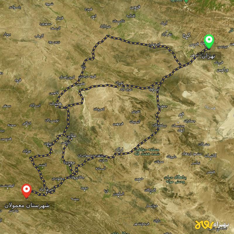 مسافت و فاصله شهرستان معمولان - لرستان تا تهران از ۳ مسیر - اردیبهشت ۱۴۰۳