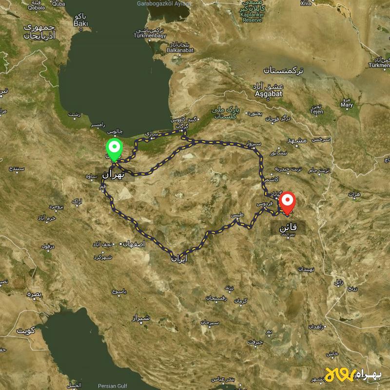 مسافت و فاصله قائن - خراسان جنوبی تا تهران از ۳ مسیر - اردیبهشت ۱۴۰۳