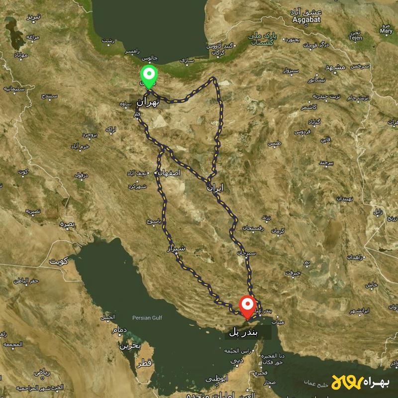 مسافت و فاصله بندر پل - هرمزگان تا تهران از ۳ مسیر - آبان ۱۴۰۳