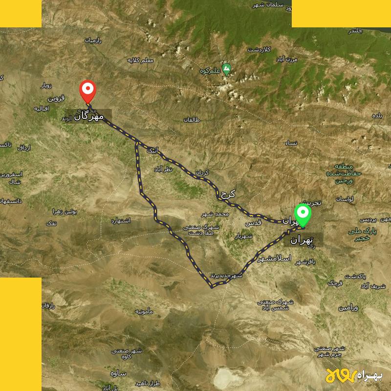 مسافت و فاصله مهرگان - قزوین تا تهران از ۲ مسیر - مهر ۱۴۰۳