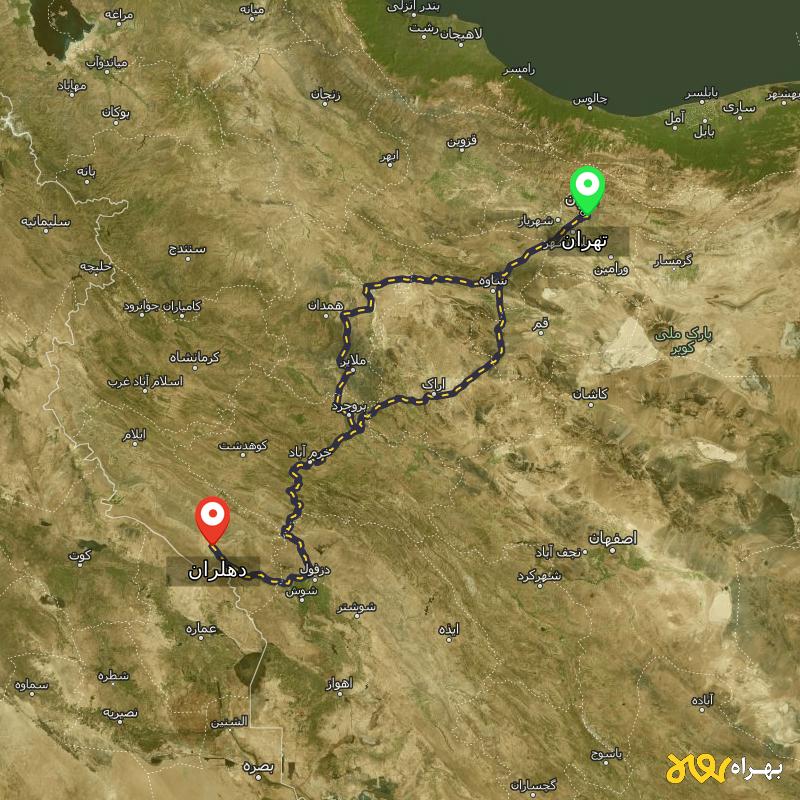 مسافت و فاصله دهلران - ایلام تا تهران از ۲ مسیر - اردیبهشت ۱۴۰۳