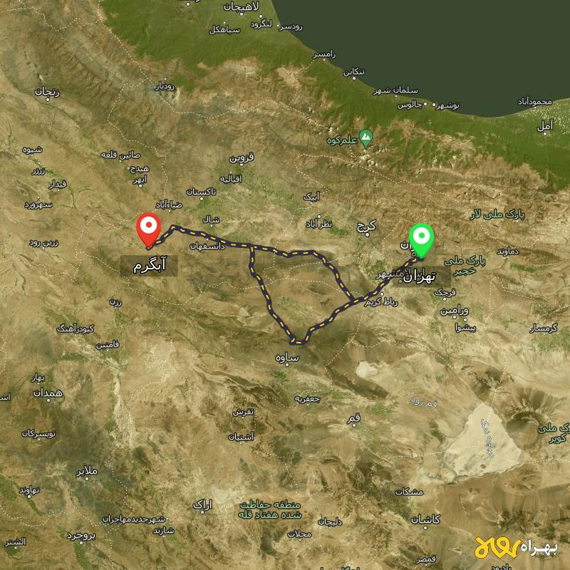مسافت و فاصله آبگرم - قزوین تا تهران از 2 مسیر - مسیریاب بهراه