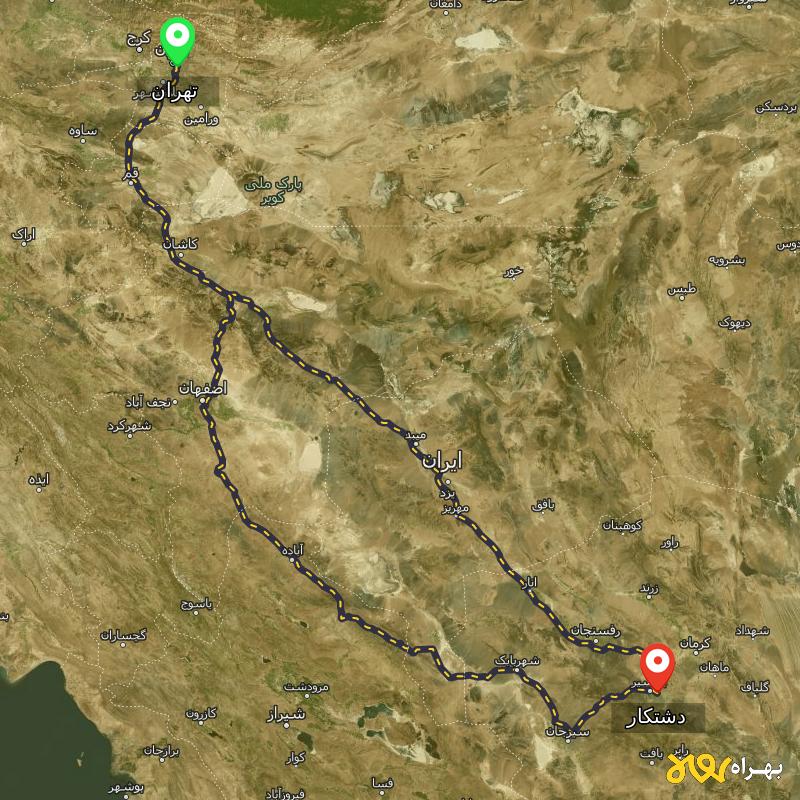 مسافت و فاصله دشتکار - کرمان تا تهران از ۲ مسیر - شهریور ۱۴۰۳