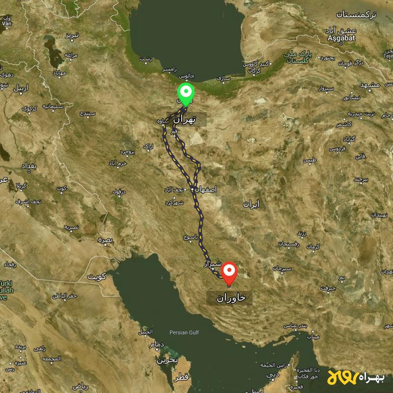 مسافت و فاصله خاوران - فارس تا تهران از ۲ مسیر - مرداد ۱۴۰۳