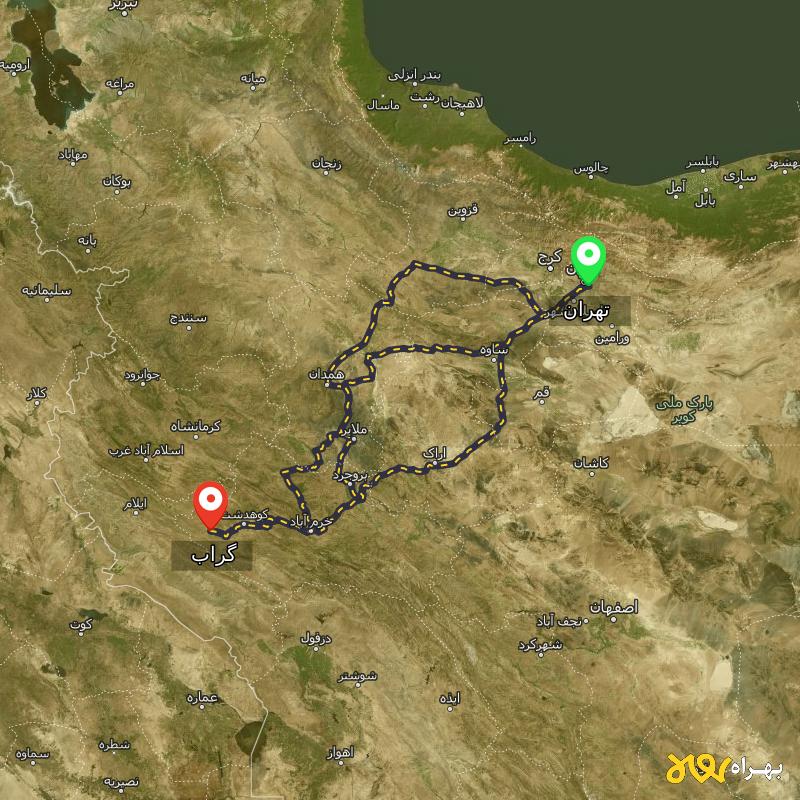 مسافت و فاصله گراب - لرستان تا تهران از ۳ مسیر - مهر ۱۴۰۳