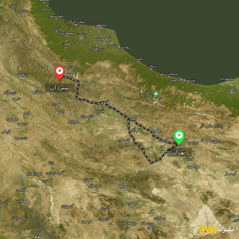 مسافت و فاصله سیردان - قزوین تا تهران از ۲ مسیر - مرداد ۱۴۰۳