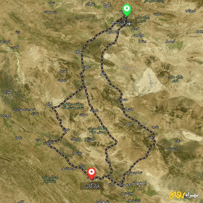 مسافت و فاصله چادگان - اصفهان تا تهران از ۳ مسیر - دی ۱۴۰۳