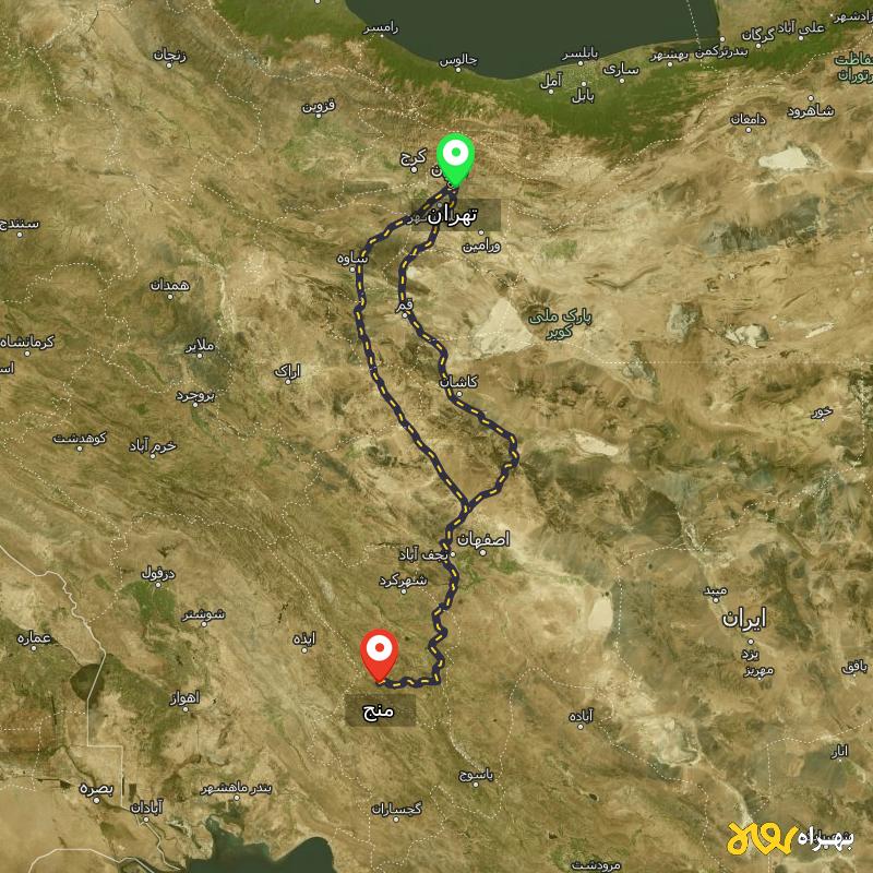 مسافت و فاصله منج - چهارمحال و بختیاری تا تهران از ۲ مسیر - مرداد ۱۴۰۳