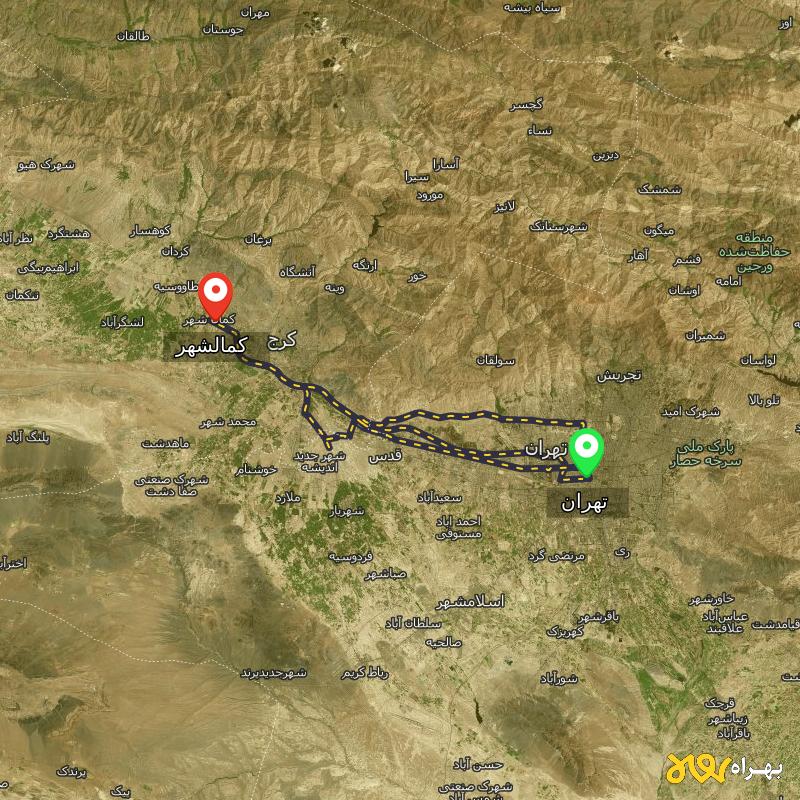 مسافت و فاصله کمالشهر - البرز تا تهران از ۳ مسیر - مهر ۱۴۰۳