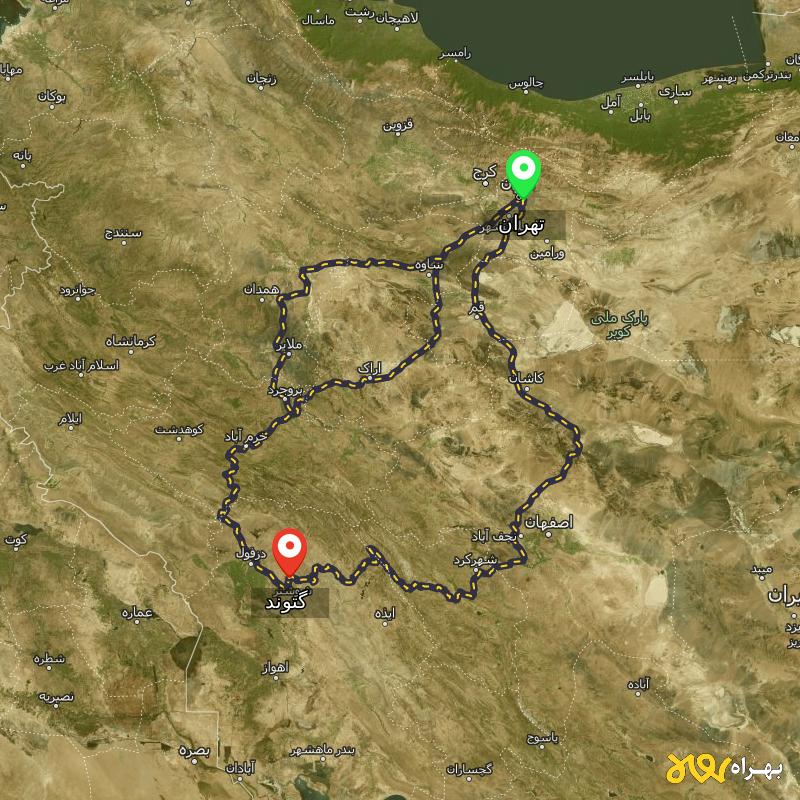 مسافت و فاصله گتوند - خوزستان تا تهران از ۳ مسیر - شهریور ۱۴۰۳