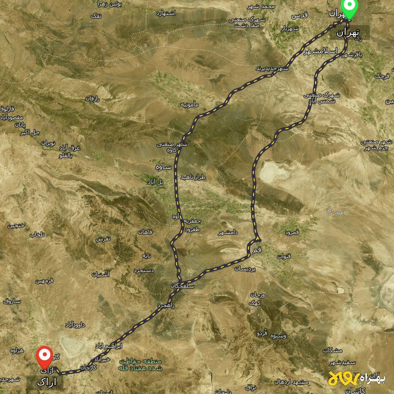 مسافت و فاصله اراک تا تهران از ۲ مسیر - مرداد ۱۴۰۳