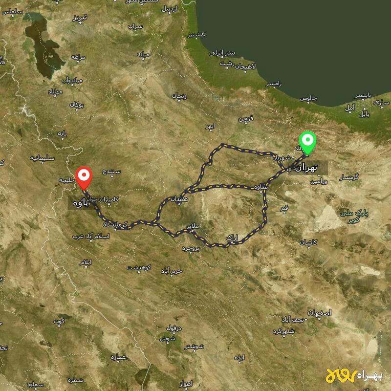 مسافت و فاصله پاوه - کرمانشاه تا تهران از ۳ مسیر - اردیبهشت ۱۴۰۳