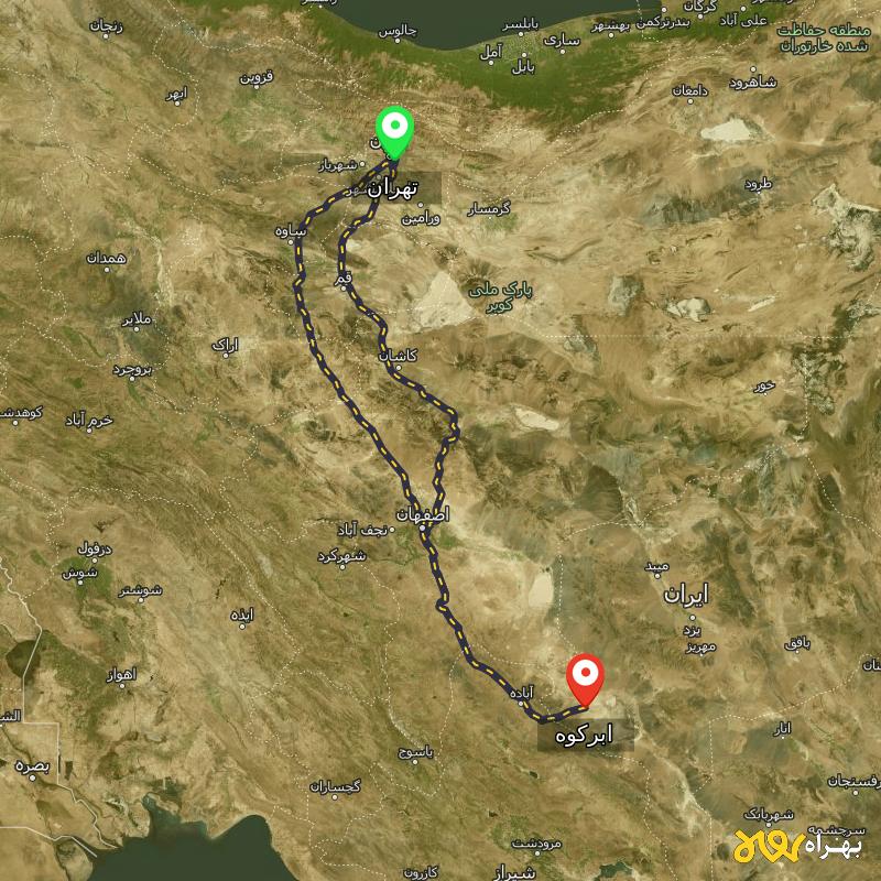 مسافت و فاصله ابرکوه - یزد تا تهران از 2 مسیر - مسیریاب بهراه