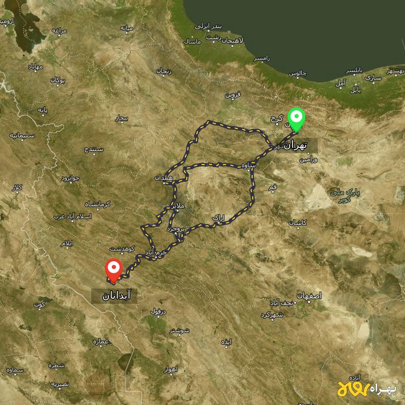 مسافت و فاصله آبدانان - ایلام تا تهران از ۳ مسیر - دی ۱۴۰۳