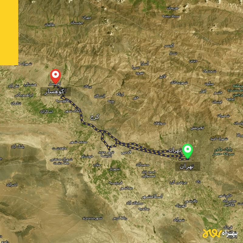 مسافت و فاصله کوهسار تا تهران از ۲ مسیر - مرداد ۱۴۰۳