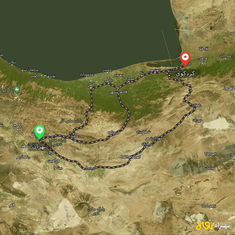 مسافت و فاصله کردکوی - گلستان تا تهران از ۳ مسیر - اردیبهشت ۱۴۰۳