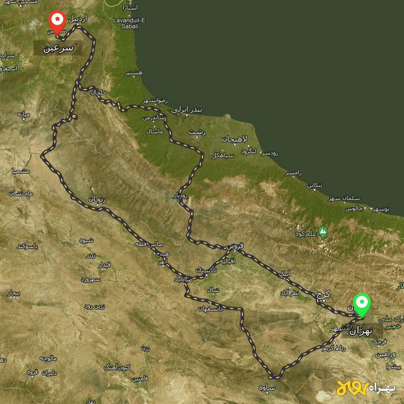 مسافت و فاصله سرعین - اردبیل تا تهران از ۳ مسیر - مرداد ۱۴۰۳
