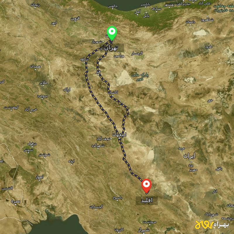 مسافت و فاصله اقلید - فارس تا تهران از 2 مسیر - مسیریاب بهراه