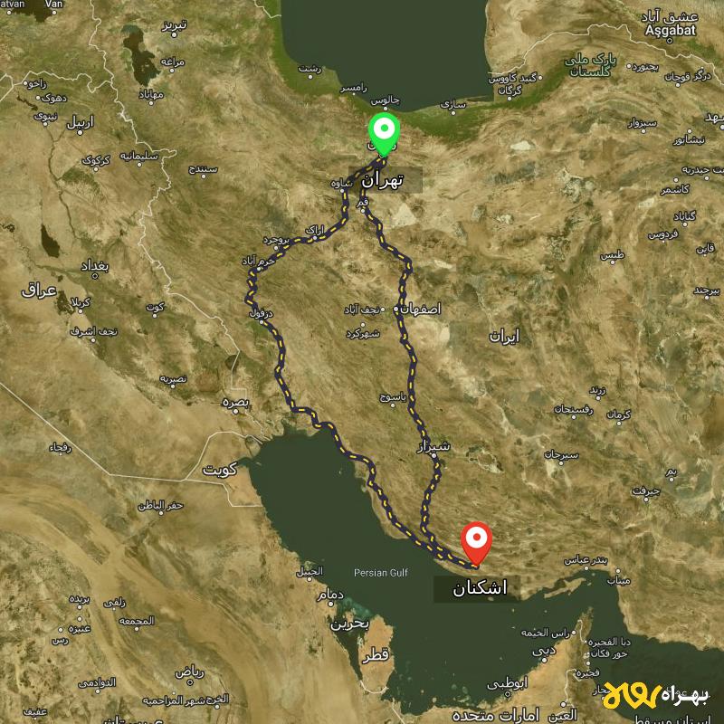 مسافت و فاصله اشکنان - فارس تا تهران از ۲ مسیر - اردیبهشت ۱۴۰۳