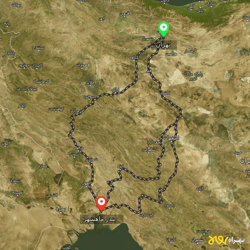 مسافت و فاصله بندر ماهشهر - خوزستان تا تهران از ۳ مسیر - اردیبهشت ۱۴۰۳