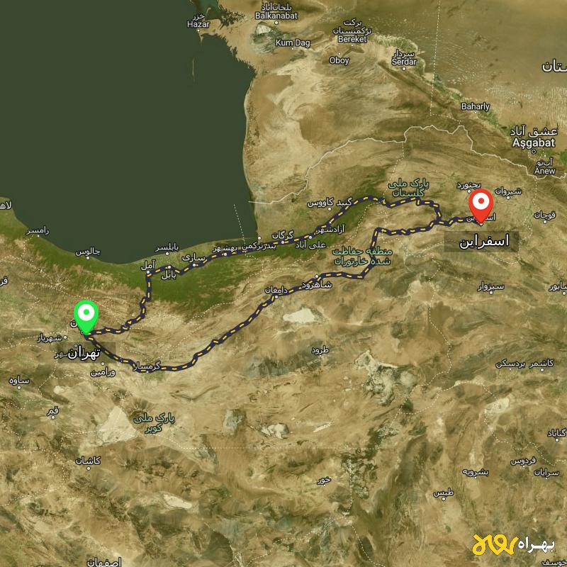 مسافت و فاصله اسفراین - خراسان شمالی تا تهران از 2 مسیر - مسیریاب بهراه