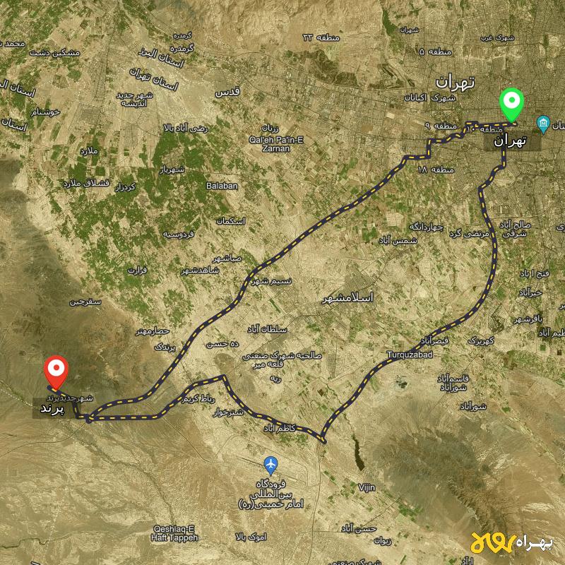 مسافت و فاصله پرند تا تهران از 2 مسیر - مسیریاب بهراه