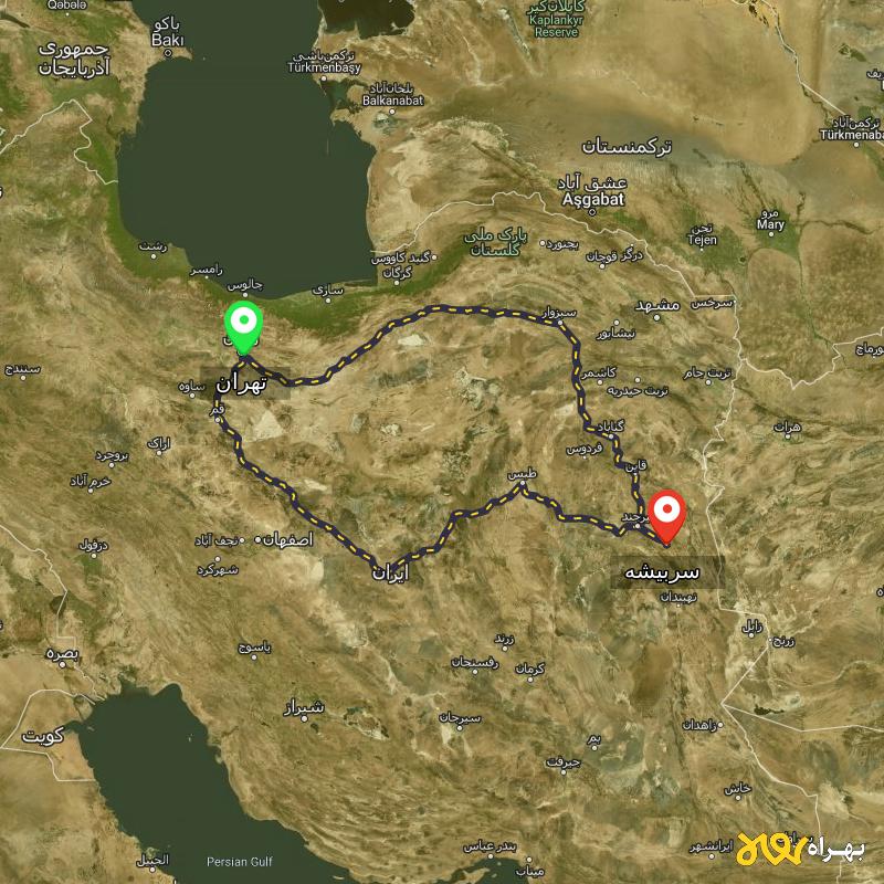 مسافت و فاصله سربیشه - خراسان جنوبی تا تهران از ۲ مسیر - مرداد ۱۴۰۳