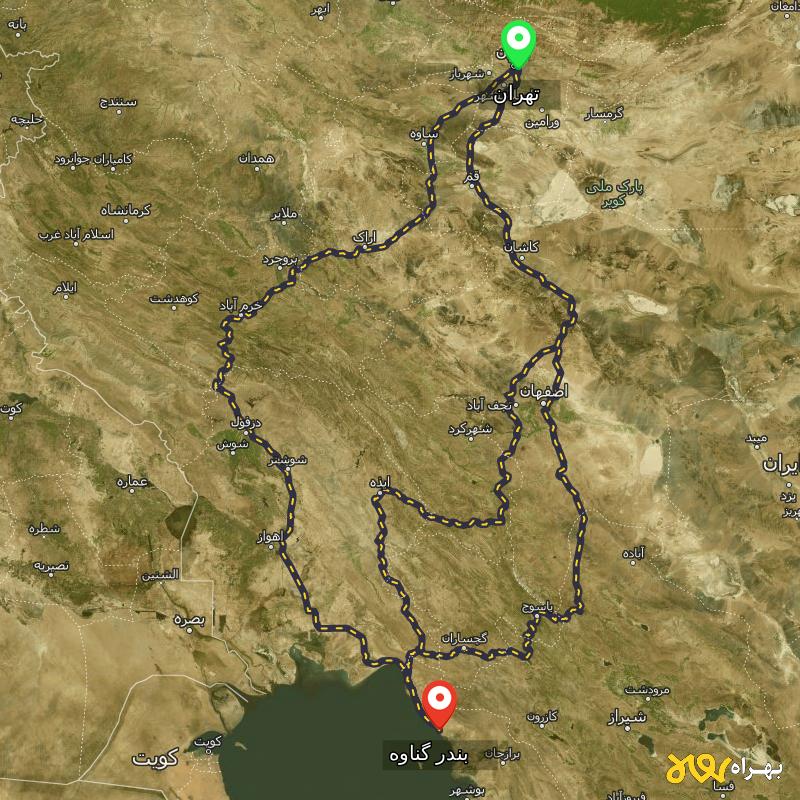مسافت و فاصله بندر گناوه - بوشهر تا تهران از ۳ مسیر - مرداد ۱۴۰۳