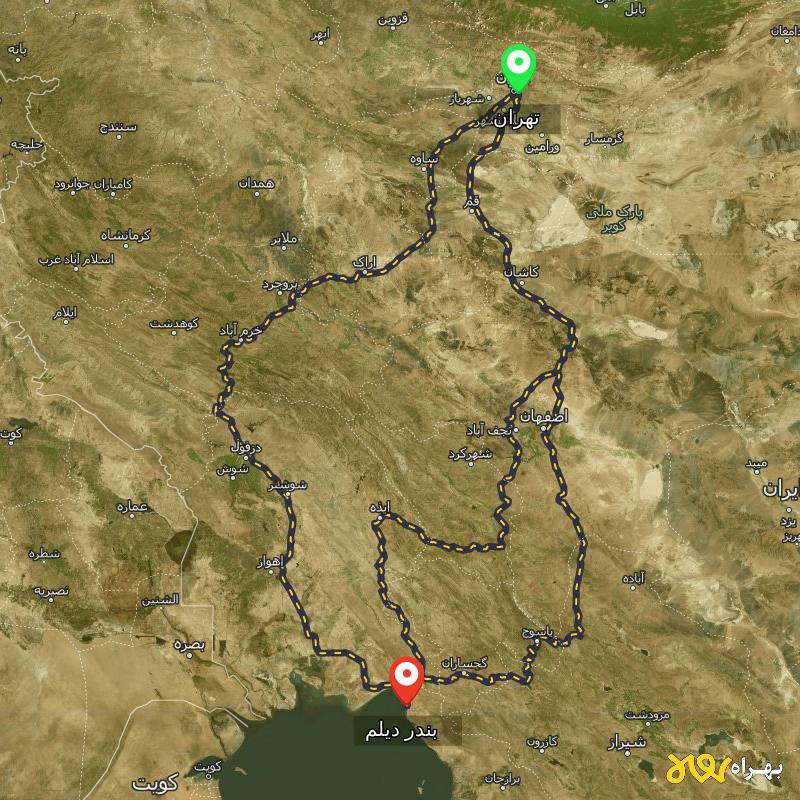 مسافت و فاصله بندر دیلم - بوشهر تا تهران از 3 مسیر - مسیریاب بهراه