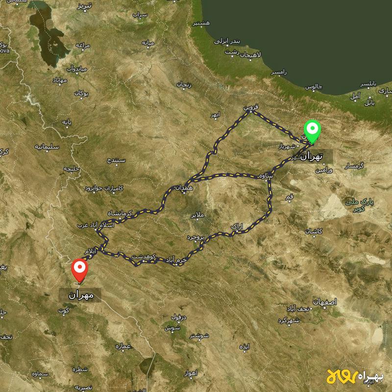 مسافت و فاصله مهران - ایلام تا تهران از 3 مسیر - مسیریاب بهراه