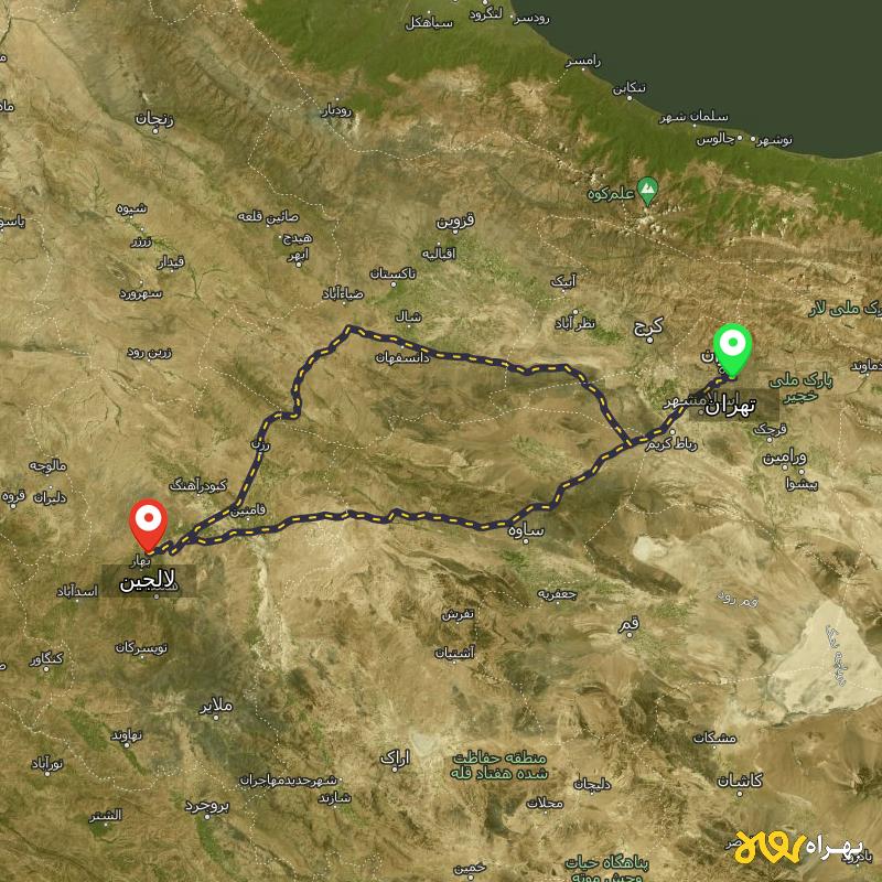 مسافت و فاصله لالجین - همدان تا تهران از 2 مسیر - مسیریاب بهراه