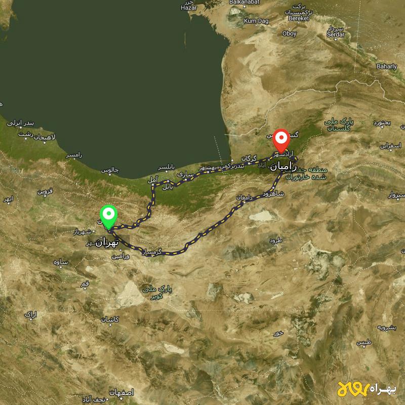 مسافت و فاصله رامیان - گلستان تا تهران از ۲ مسیر - اردیبهشت ۱۴۰۳
