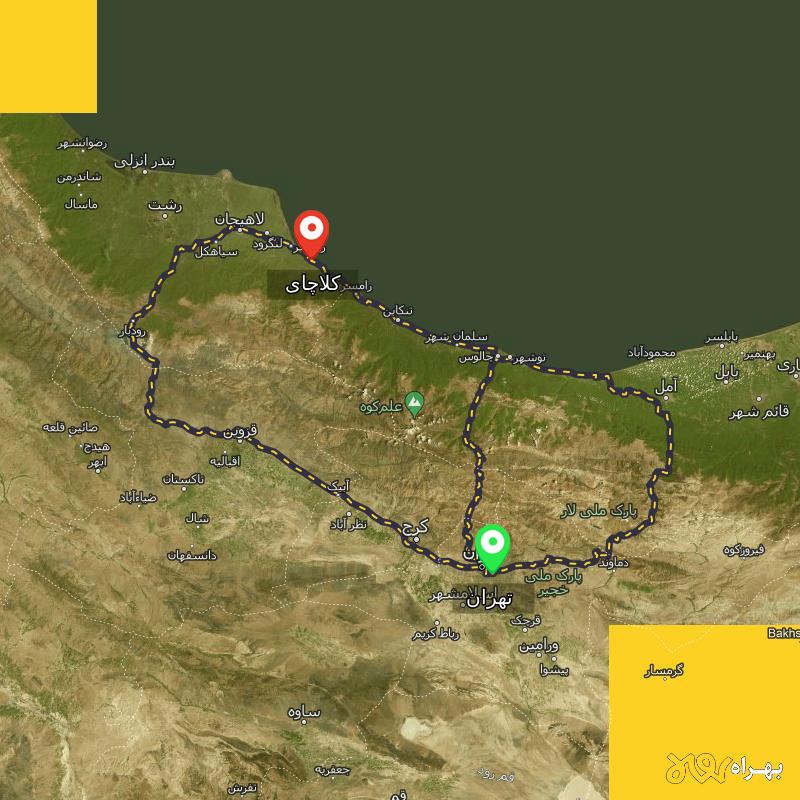 مسافت و فاصله کلاچای - گیلان تا تهران از ۳ مسیر - مرداد ۱۴۰۳