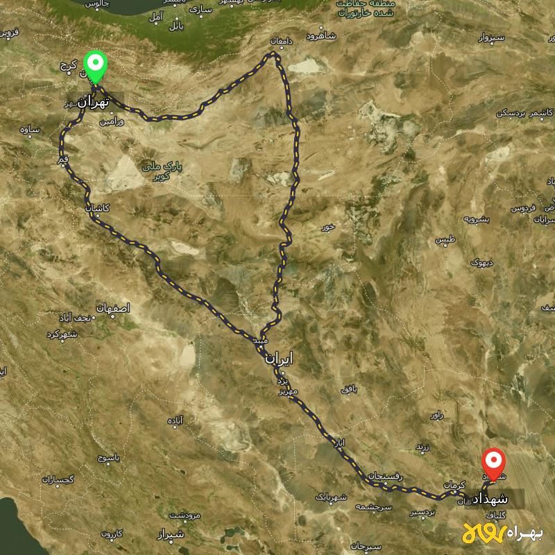 مسافت و فاصله شهداد - کرمان تا تهران از ۲ مسیر - دی ۱۴۰۳