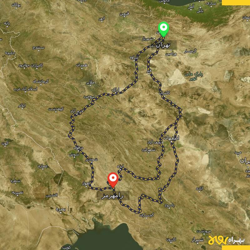 مسافت و فاصله رامهرمز - خوزستان تا تهران از ۳ مسیر - اردیبهشت ۱۴۰۳