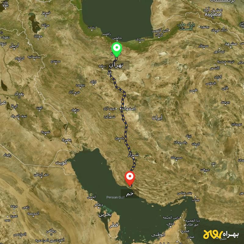 مسافت و فاصله جم - بوشهر تا تهران - اردیبهشت ۱۴۰۳